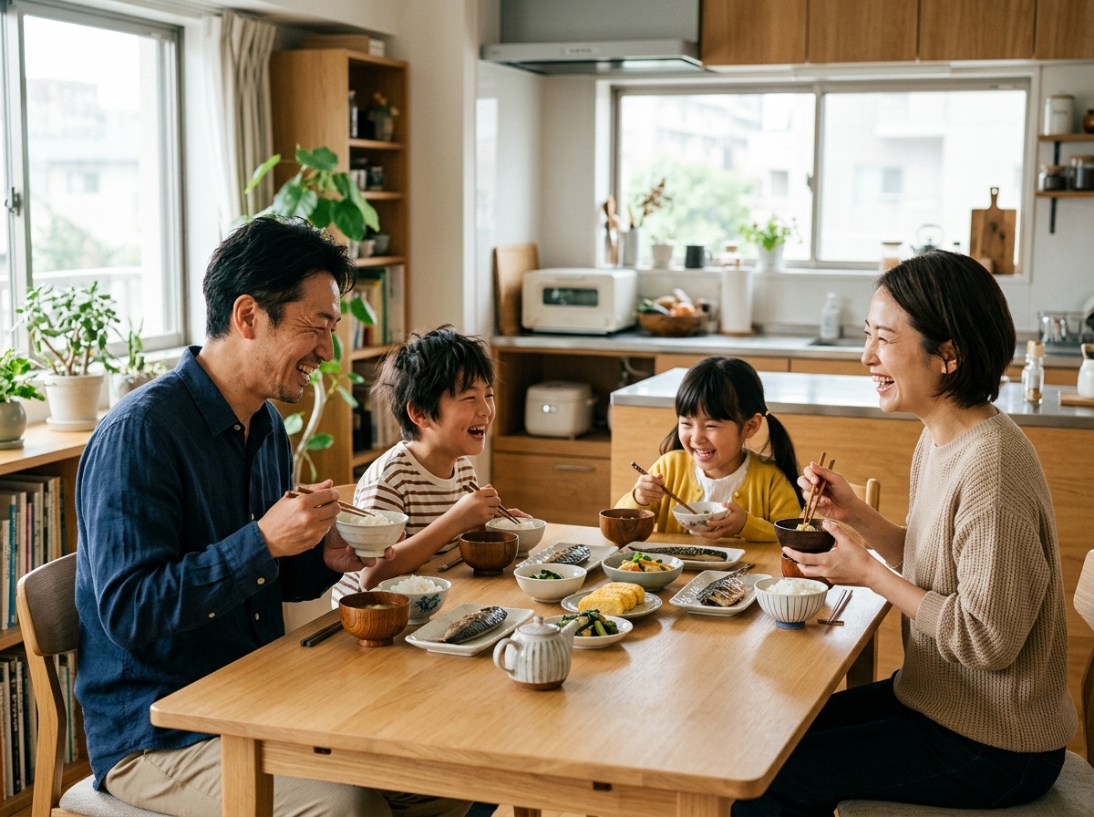 ダイニングで食事をする家族