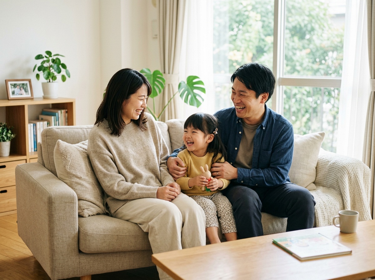 リビングで笑顔の家族